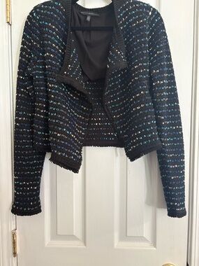 White House Black Market Black Tweed Cropped Blazer with Blue Highlights